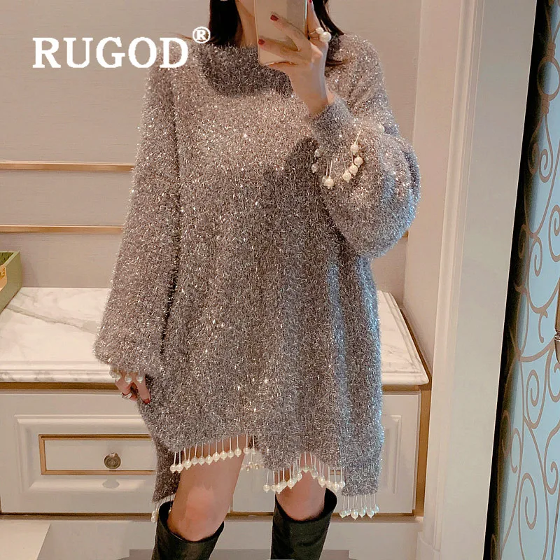 RUGOD, новинка, Осенний женский длинный свитер, с круглым вырезом, в стиле пэчворк, жемчужный, яркий, Шелковый, рукав-фонарик, трикотаж, модные, женские, вечерние, для девушек