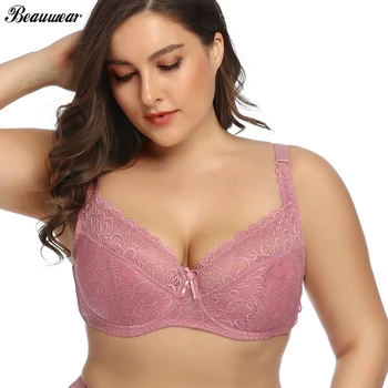 

Beauwear Women Push Up Underwired Bralette Lace Bra Female Lingerie Deep V Sexy Adjustable Straps Brassiere Plus Size Bra DD E