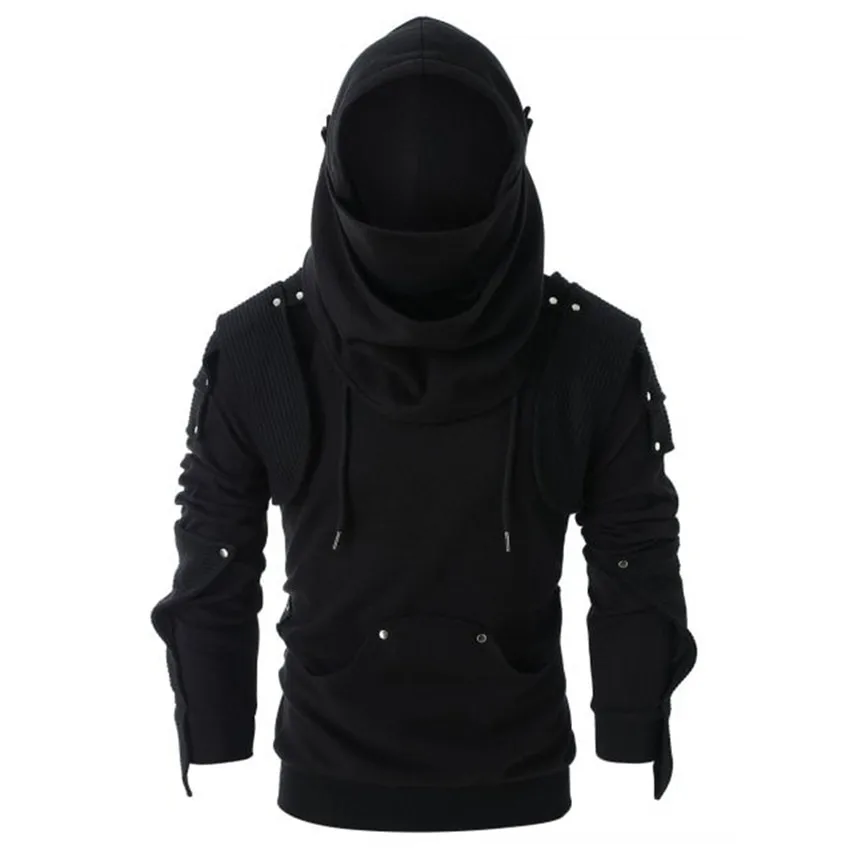 Men's Vintage Masked Studded Long Sleeve Hoodie Winter Thick Black Hoodies Sweatshirt mens clothing Streetwear Hoody Coat 3XL