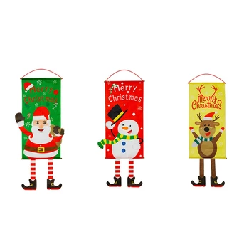 

3Pcs Christmas Snowman Elk Santa Claus Cloth Hanging Flag Merry Christmas Decorations for Home Xmas Ornaments Banners Green