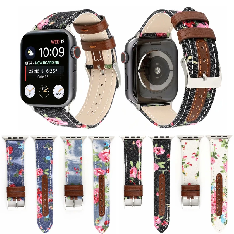 Джинсовый кожаный ремешок с цветочным принтом для apple watch 44 мм 40 мм 38 мм 42 мм браслет браслеты для iWatch серии 5 4 3 2 1