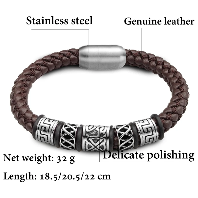 Punk Style Coffee Leather Bracelet 316L Stainless Steel 5 Viking Bead Bracelet Powerful Magnet Clasp 4 Color Friend Gifts - Image 6
