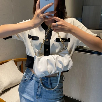 

Portable Women Chain Handbag Tote Solid Color PU Leather Pleated Shoulder Bags Youth Ladies Simple Versatile Bag