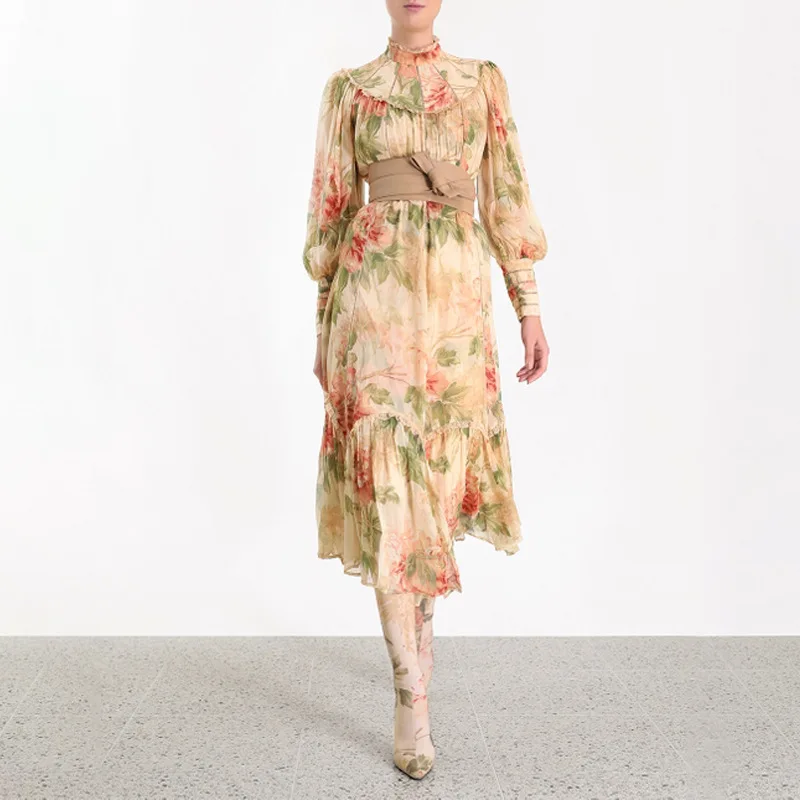 

Holiday Party Woman Maxi Dress High Waist Puff Long Sleeve Sashes Lace Hollow Out Woman Elegant Dress Fashion Fall 2019