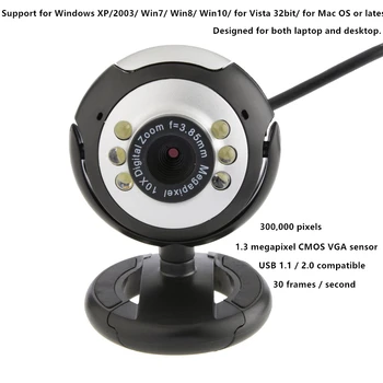

USB 2.0 HD Webcam Six Lights Night Vision Drive-free Clip Camera Computer Webcam with MIC for PC Laptop Camera 300,000 pixels