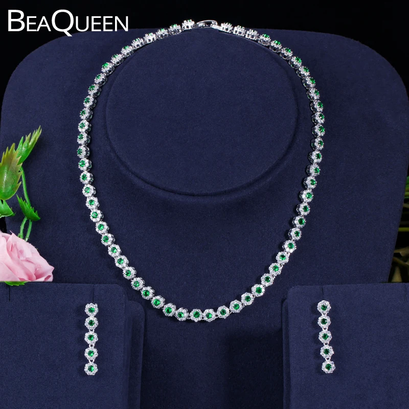 BeaQueen элегантный зеленый кристалл и CZ Камень Костюм Серьги Ожерелье Ювелирные