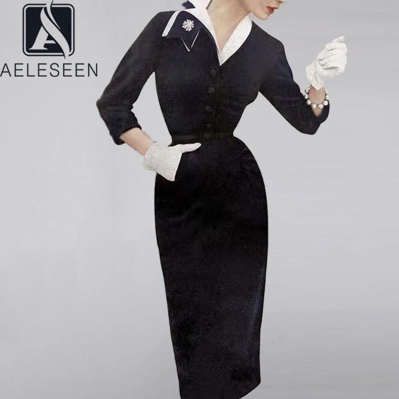 AELESEEN, офисное женское платье,, весна, осень, женское, длинный рукав, элегантное, с бисером, на пуговицах, с поясом, тонкое, длинное платье, Vestidos