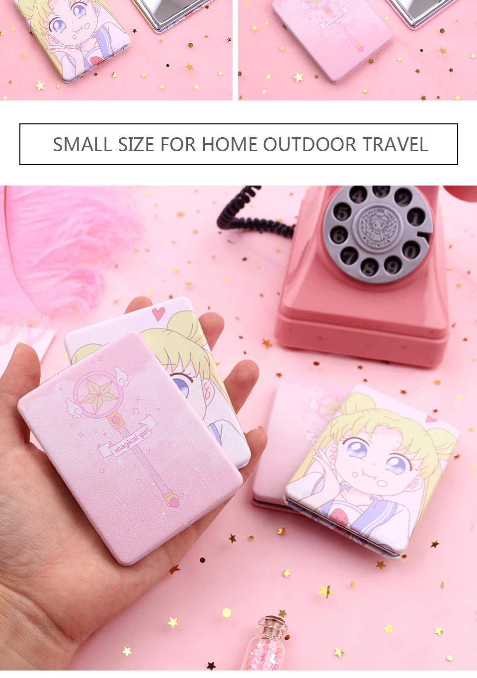 Компактное зеркало для макияжа с двойным слоем, маленькие зеркала Sailor Moon Cardcaptor Sakura, портативное зеркало для дома и путешествий