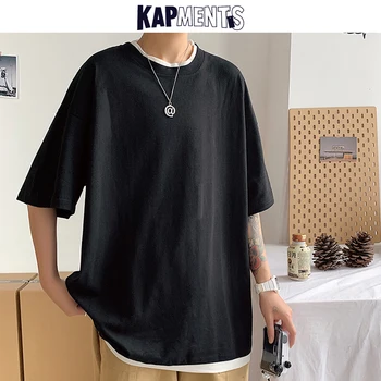 

KAPMENTS Men Japanese Streetwear Tshirts 2020 Summer Mens Oversized Cotton Pour Color T-shirts Couple White Harajuku Tops Tees