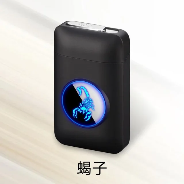Scorpion Чехол для сигарет с металлической емкостью, электронная USB Зажигалка, 19 шт., держатель для сигарет, электрическая плазменная дуговая зажигалка, мужские подарки - Цвет: Scorpion