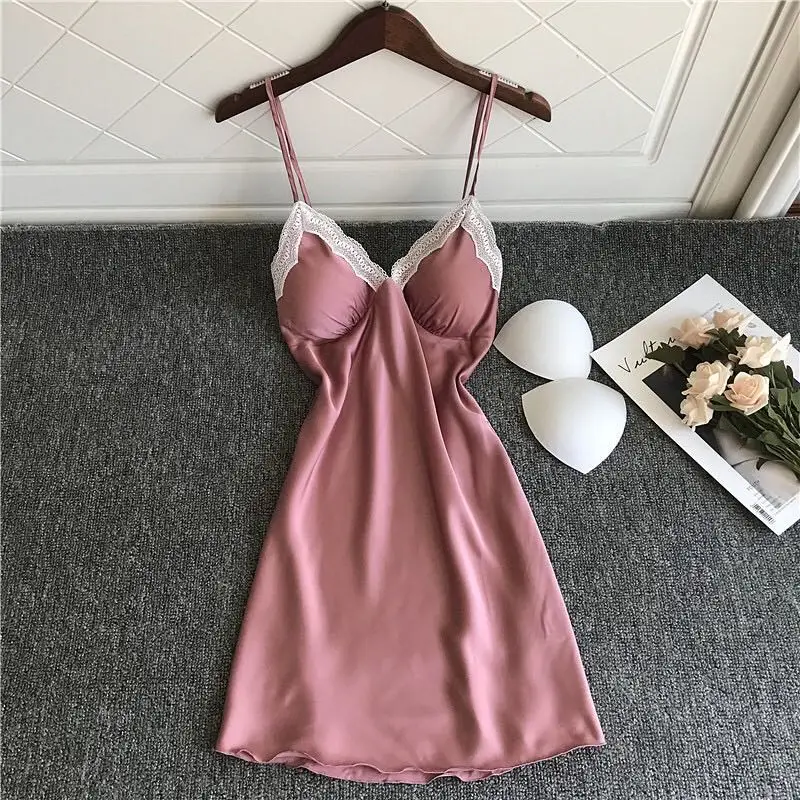 

Summer New Sexy Sleepwear Sleepdress Deep V Lace Lingerie Silk Night Dress Women Spaghetti Strap Nightgown Soft Pink Sleepwear