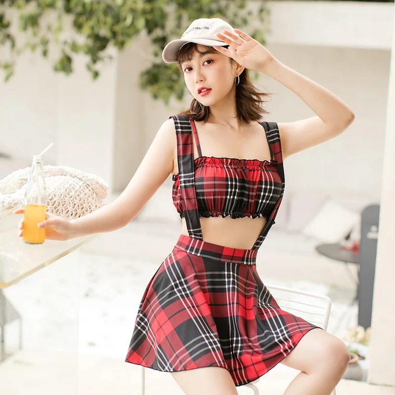

2019 Swimsuit Women Bathing Suit Bikini Women's Suits Woman One Piece Korean Checked Ear Plaid Polyester Swimsuit Fused