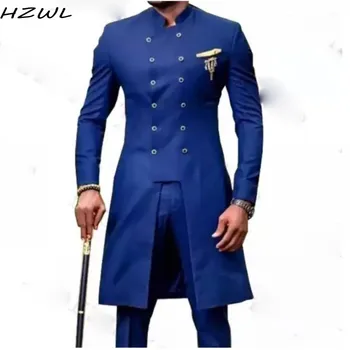 

Double Breasted Stand Collar Long Suit 2 Pieces (Jacket+Pants) traje de novio Men Suit Mandarin Lapel Groom Tuxedos Prom Blazer