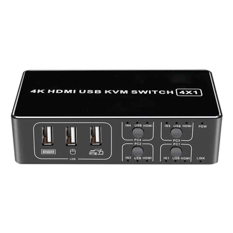 

4K HDMI KVM Switch 4In 1Out USB HDMI1.4 KVM Switcher Splitter with Cable for Keyboard Mouse Printer Monitor