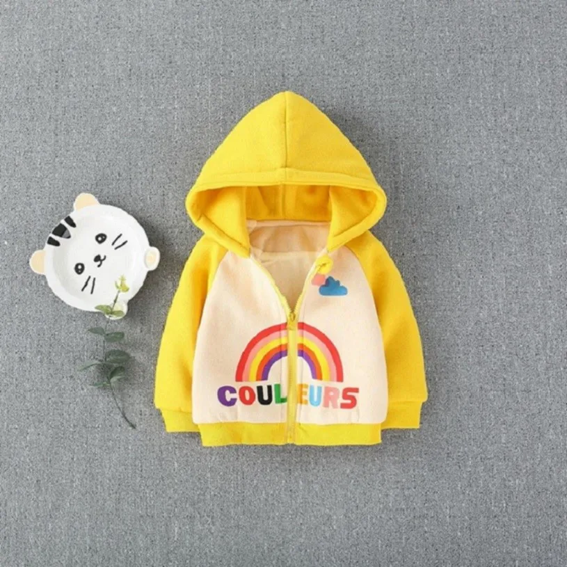 Цвет: желтый Winter Baby Girls Rainbow Sun Print Long Sleeve Hooded Zipper Jacket Kids Cotton Outerwear Coats casaco - Цвет: Цвет: желтый
