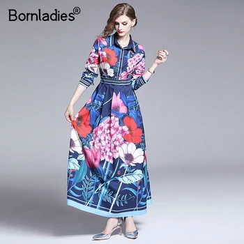 

Bornladies Spring Summer Fall Runway Chic Floral Print Long Sleeve Empire Waist Women Ladies' Casual A-Line Maxi Beach Dress