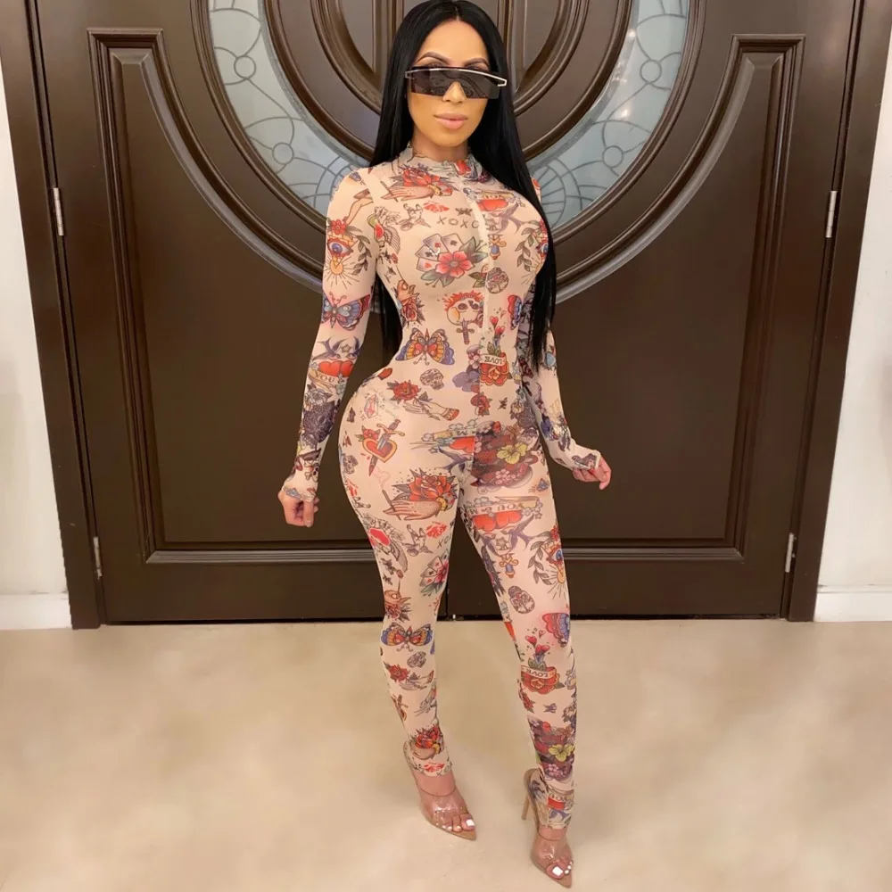 Сексуальное Клубное платье с принтом комбинезон для женщин длинные рукава узкие комбинезон для женщин комбинезон; полная длина; пикантные, элегантные combinaison femme