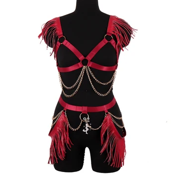 

90's Tassel Body Harness Bra Strap Tops Chest Cage Belt Metal Chain Sexy Lingerie Set Garter Punk Gothic Adjust Dance Rave