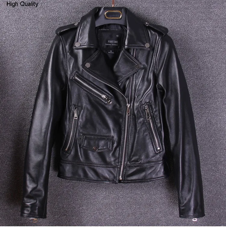 

Autumn and Winter Women's Sheep skin Motorcycle jacket lapel zipper short Genuine Leather coat Rose-red Lemon-yellow black color