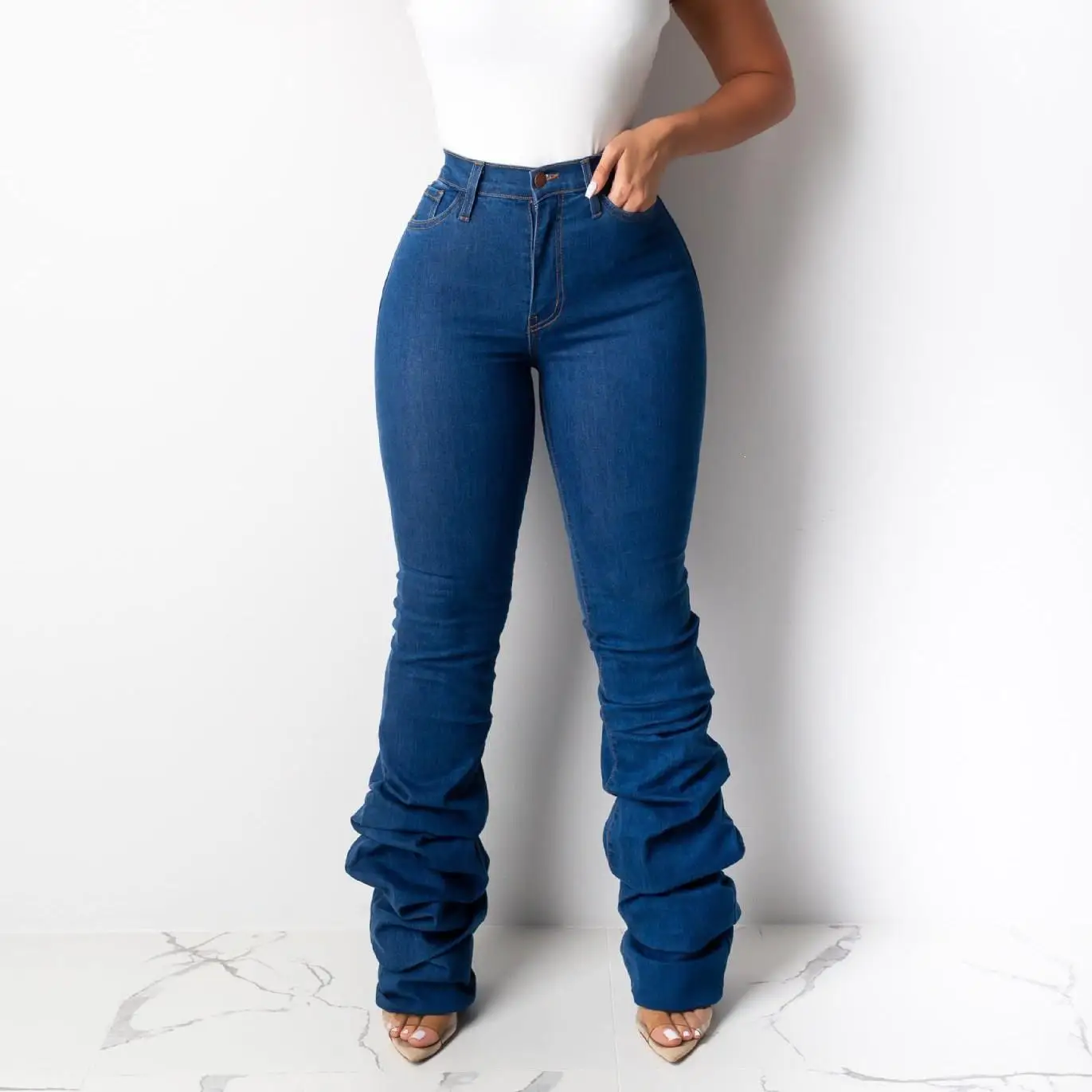 

Newest Women Blue Heap Heap Jeans Pleated Autumn Winter Fashion Styles High Waist Pockets Skinny Denim Pants