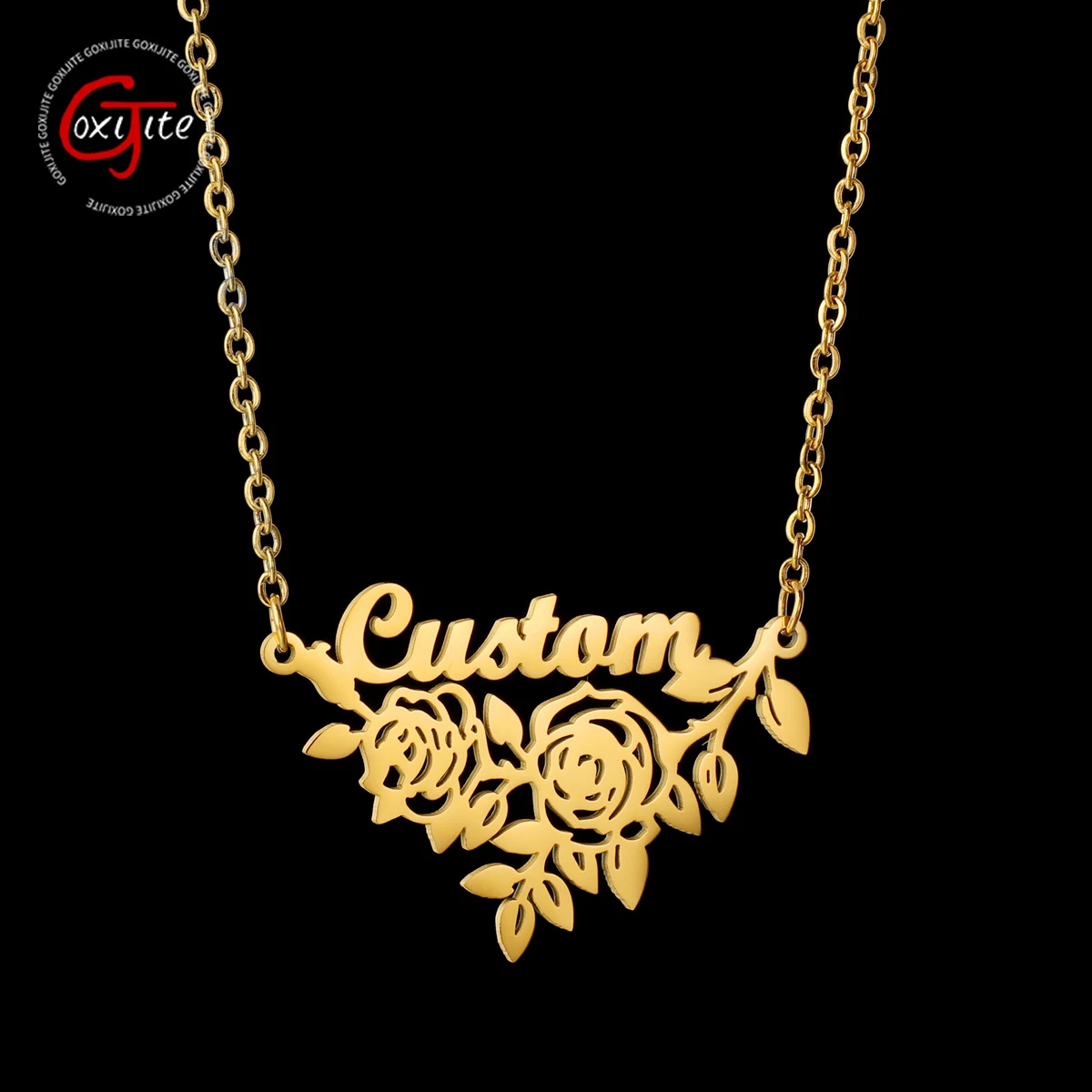 

Goxijite Stainless Steel Custom Rose Flower Name Necklace For Women Personalized Letters Nameplate Wedding Party Jewelry Gifts