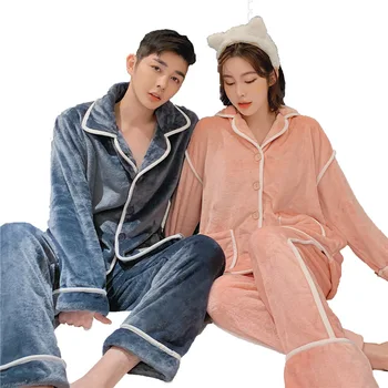 

Couple Pajamas Flannel Sleepwear Set Thick Warm Winter Pijamas Women Cardigan Pocket Buttons High Quality Homewear Pyjamas Men