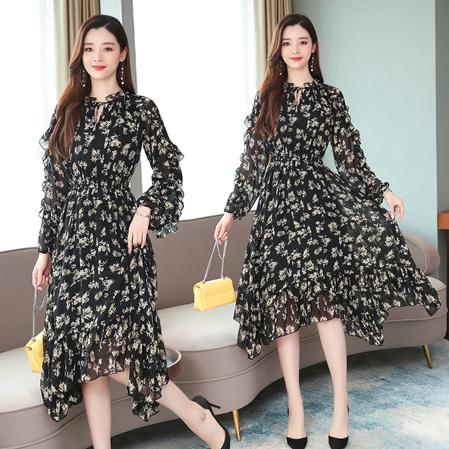 

2019 Vintage Black Print Beach Midi Dresses Autumn Winter Floral Chiffon Long Sleeve Dress Elegant Women Bodycon Party Vestidos