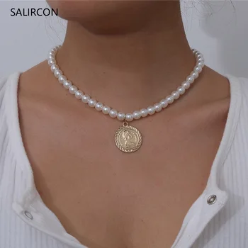 

Salircon Fashion Big Coin Portrait Pendant Necklace Statement Clavicle Chain Imitation Pearl Choker Necklace For Women Jewelry