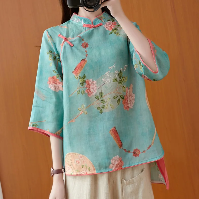 Chinese Vintage Women Blouse Traditional Clothing Print Hanfu Tops Summer Blusas Elegant Loose Female Shirt Ropa Mujer