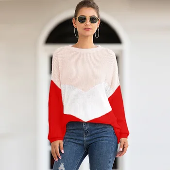 

Women O-neck Long Sleeve Sweater Casual Patchwork Knitted Pullovers Autumn Winter Loose Sweaters Jumpers Streetwear