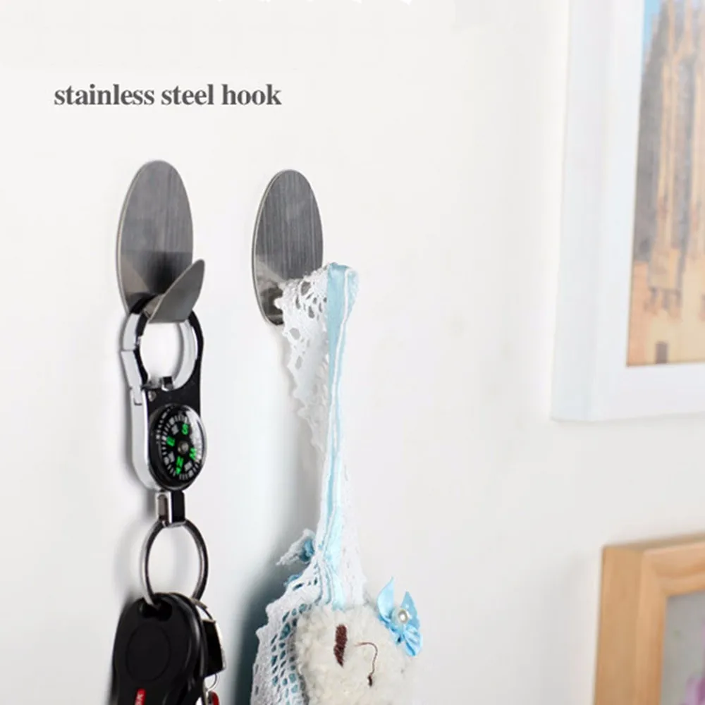 Wall Mounted Hook Rack 6PCS Stick On Silver Strong Self Adhesive Sticky Coat Hat Metal Hanger Home Bathroom Kitchen Stainless Steel