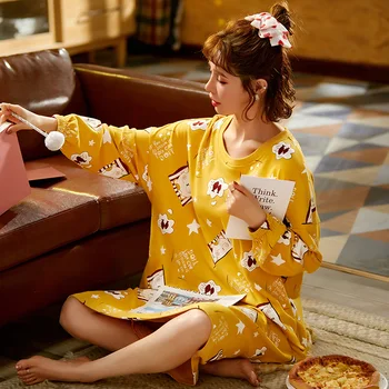 

Long skirt 2020 spring summer new modal patchwork dress long sleeve loose large size gecelik sexy skirt home service night gown