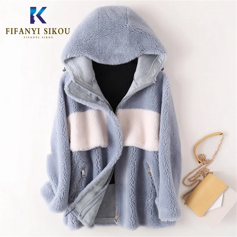 

Winter Coat Women Fashion High quality Cashmere Fur Coat Patchwork Zipper Loose Thick warm Overcoat Hooded Fur Jacket Female