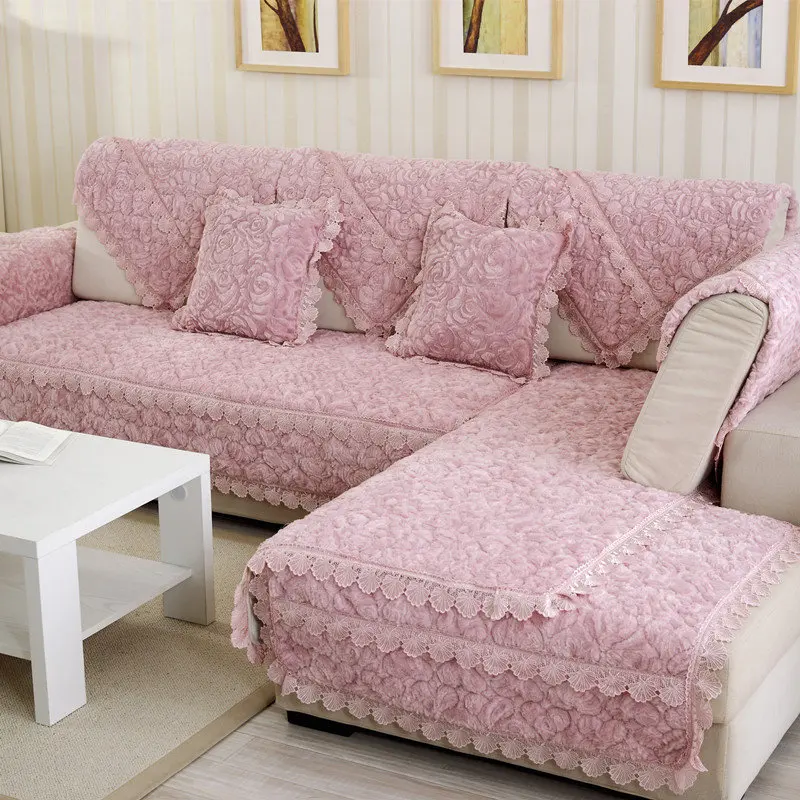 Pink Роскошный Европейский Бархатный Чехол для дивана розовый жаккард утепленный диван полотенце кружевная одежда для шезлонга плюшевое покрывало на диван - Цвет: Pink