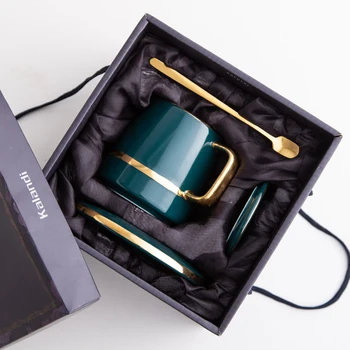 

European luxury ceramic coffee cup and saucer Afternoon Tea Cup Set with a lid spoon Gift box green mugs milk Cups drinkware
