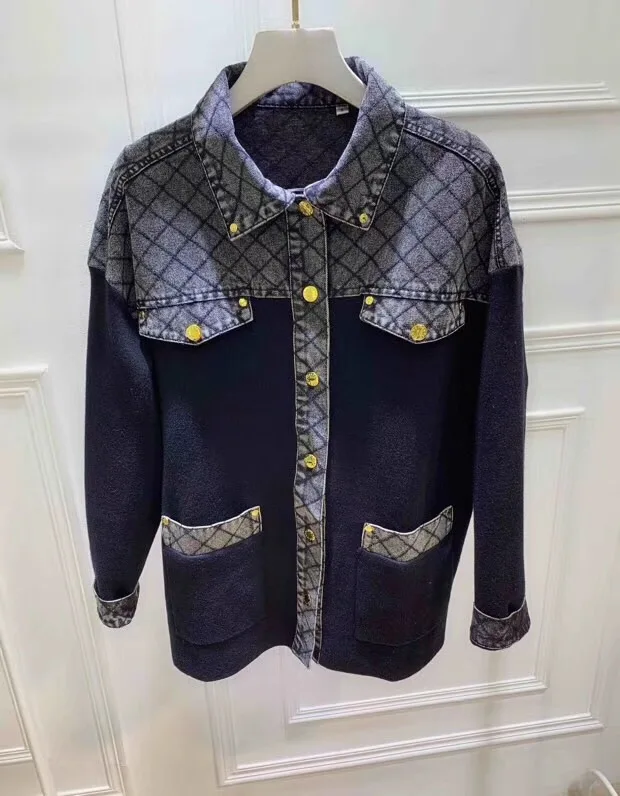 2019FW winner Новая женская трикотажная Лоскутная джинсовая куртка женская клетчатая Повседневная куртка пальто ddxgz2