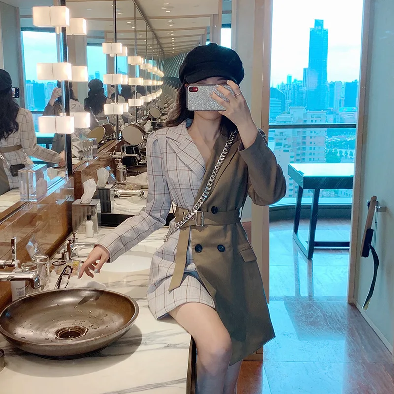 

Photo Shoot 2019 WOMEN'S Dress Autumn Fashionable Plaid Stitching Lace-up Slimming Significant Leg Length Small Suit Coat Women'