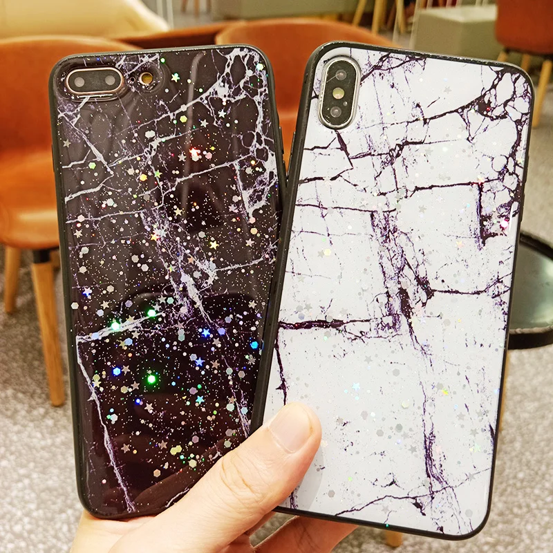 Черный белый мраморный блестящий лазерный чехол для iPhone 11 Pro X XS Max XR твердый 8 7 6 6S
