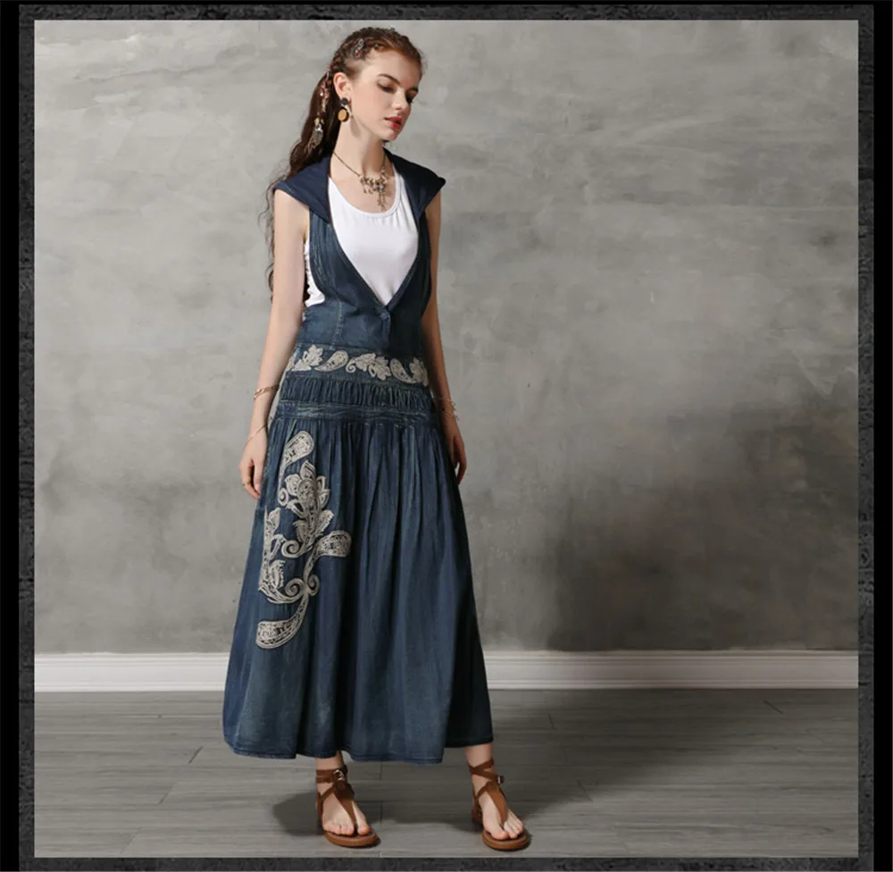 Vintage Hooded Women Dress 2019 Summer Denim Dresses Embroidery V-Neck Loose A-line Long Vestidos Femininas Woman Dress 82109 (10)