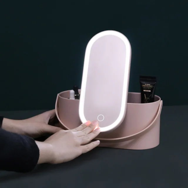 Makeup Organizer Box with LED Light Mirror Portable Travel Makeup Cosmetics Organizer Touch Light Storage Makeup