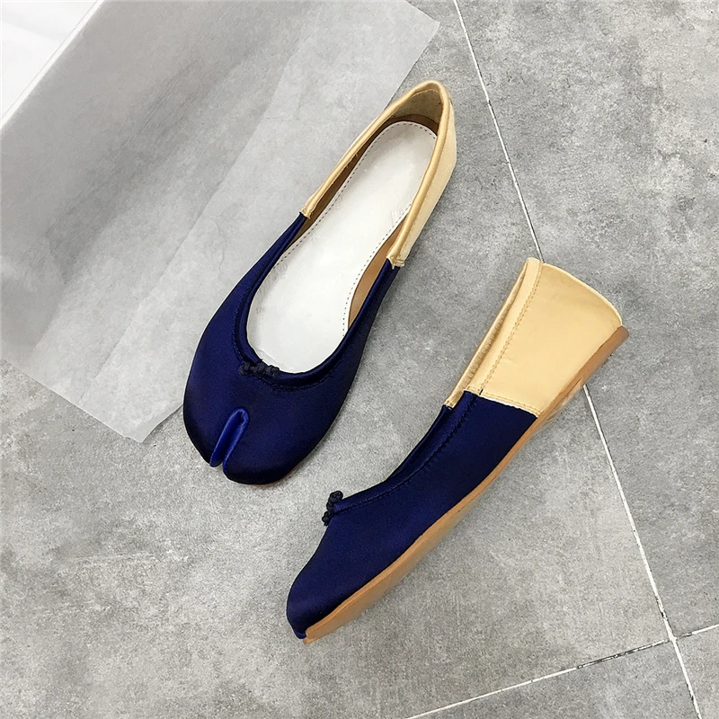 Newest Patchwork Split Toe Flat Shoes Woman Mixed Color Luxury Satin Butterfly-knot Slip On Ballet Flats Spring Women Shoes