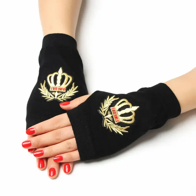 Sailor dance gloves Rivet wool gloves spring and autumn black half-finger gloves show gloves Golden crown