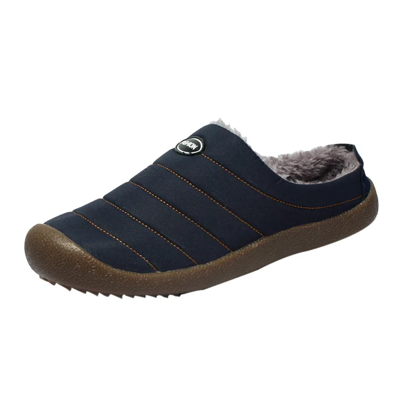 Dark blue Heflashor/домашние мужские тапочки; зимние теплые плюшевые тапочки; нескользящие домашние повседневные кроссовки в полоску; Мужская обувь для дома - Цвет: Dark blue