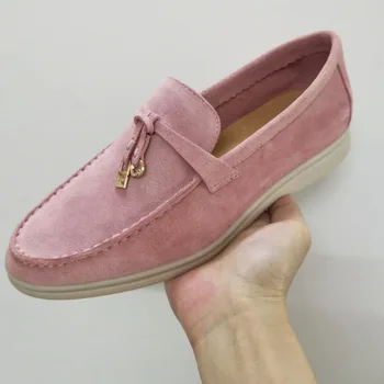 

Hot Sale Kidsuede Women Flat Shoes Hanged Metal Loafers Ladies Shoes Woman Slip-on Casual Walk Shoes For Women