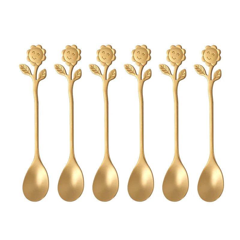 

6 Pcs/ Set Mini Spoon Coffee Spoons Sunflower Fruit Forks Creative Smile Stainless Steel Tableware Set Gold Kitchen Accessories