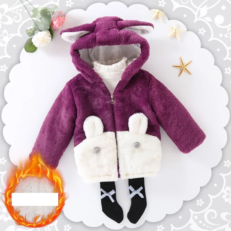 Куртка для маленьких девочек с кроликом коллекция года, осенне-зимняя куртка с искусственным мехом, флисовое пальто теплая куртка детский зимний костюм, верхняя одежда для девочек, пальто - Цвет: Фиолетовый