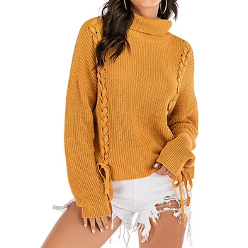 

zebery Women Solid Sweater Long Sleeve Loose Knit With Belt Ladies Loose Knit with Straps Pullover Turtleneck Sweaters