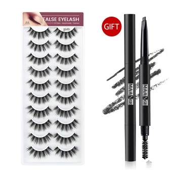 

10 Pairs False Eyelashs With 1pcs Eyebrow Pencil Natural long 3D Faux Mink Eyelashes Thick Full Strip Lashes Soft Mink Lashes