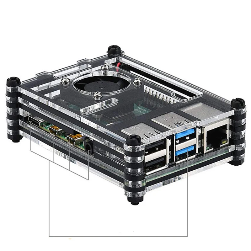 Акриловый прозрачный/прозрачный и черный чехол для Raspberry Pi 4 Модель B, с охлаждающим вентилятором для Raspberry Pi 4B