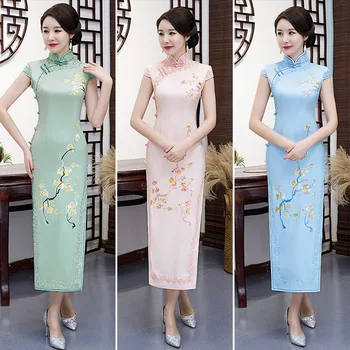 

FZSLCYIYI Flower Embroidery Chinese Satin Cheongsam Dress Modern High Quality Qipao Dress Chinese Style Long Dress